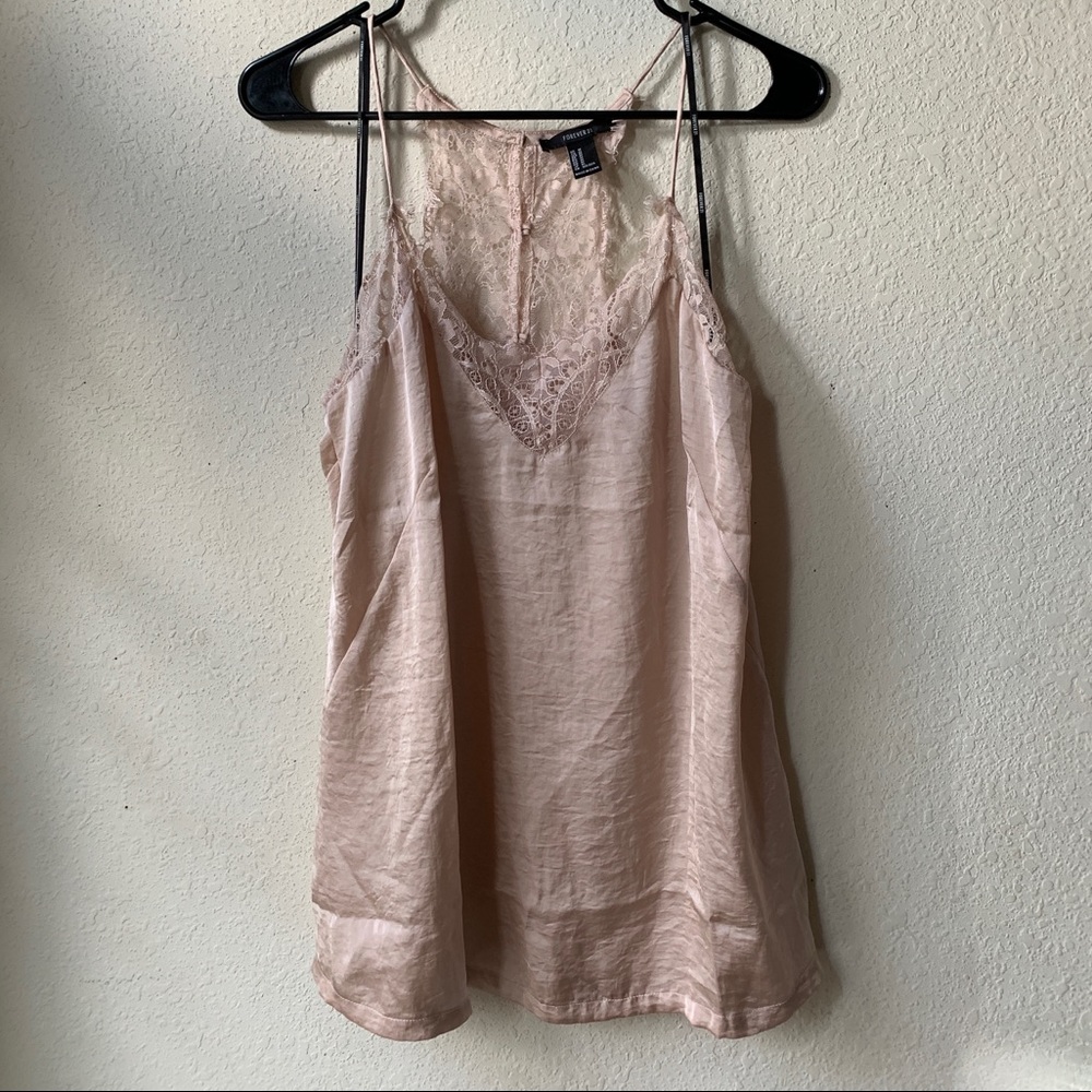 Forever 21 Cream/Light Pink Silky Lace Tank
